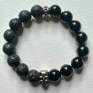 Natural Healing Protective Lava Rock and Black Onyx Bead Bracelet size 7.6